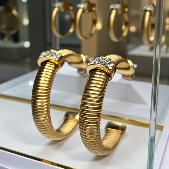 18k Gold Plated Omega Tubogas Zircon Crystal Hoop Earrings - Picture 2 of 5